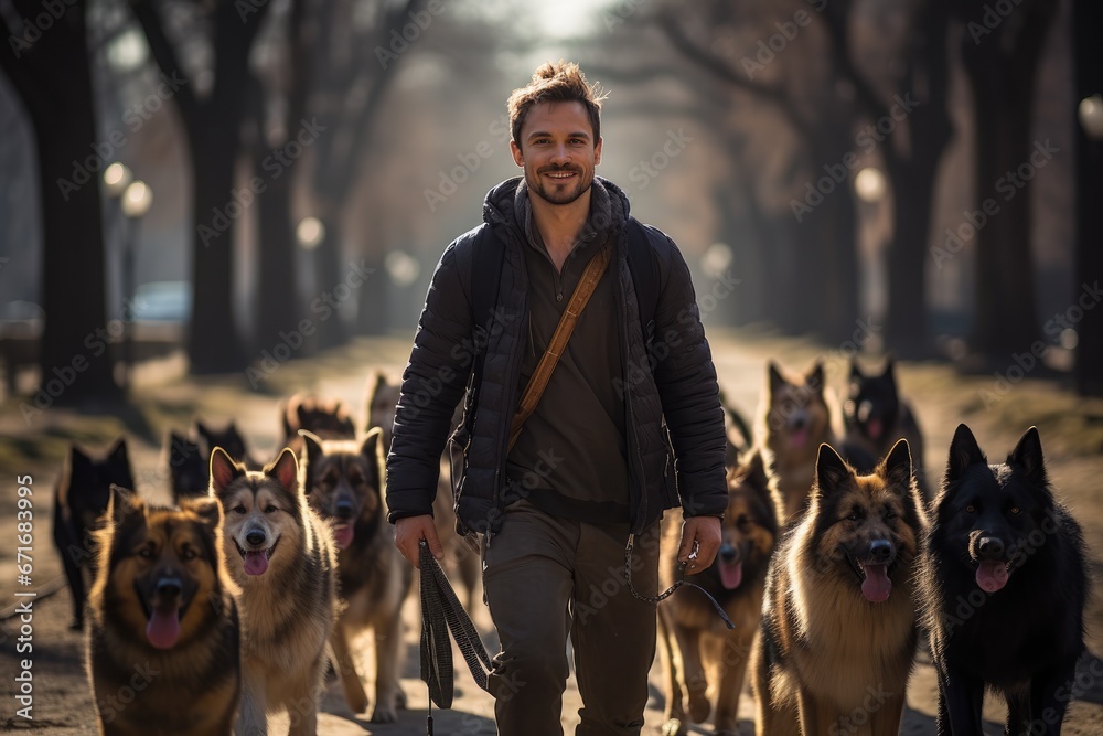 Man walking with different breed and rescue dogs - obrazy, fototapety, plakaty 