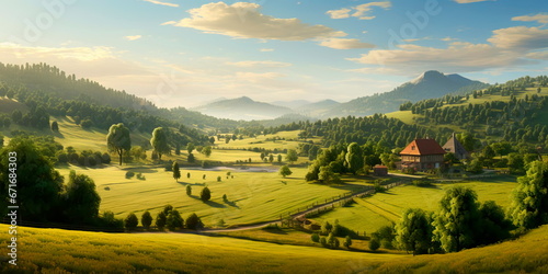 A countryside-themed background with a top view of a serene rural landscape  suitable for getaway destinations