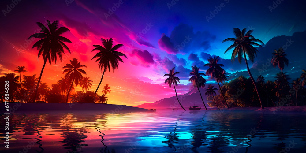 transition from day to night in neon-touched tropics, where the setting sun meets the neon lights in a dazzling display of colors.