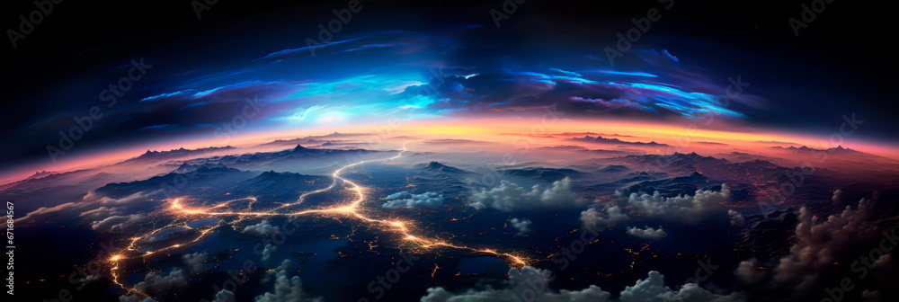 Earth as seen from space, where glowing city lights blend with celestial radiance and wisps of light clouds.