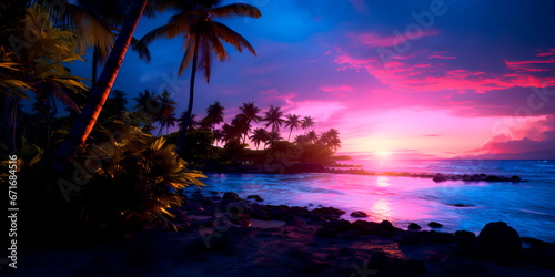 transition from day to night in neon-touched tropics, where the setting sun meets the neon lights in a dazzling display of colors.