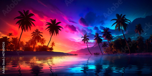 transition from day to night in neon-touched tropics, where the setting sun meets the neon lights in a dazzling display of colors. © Maximusdn