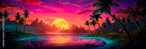 transition from day to night in neon-touched tropics, where the setting sun meets the neon lights in a dazzling display of colors.