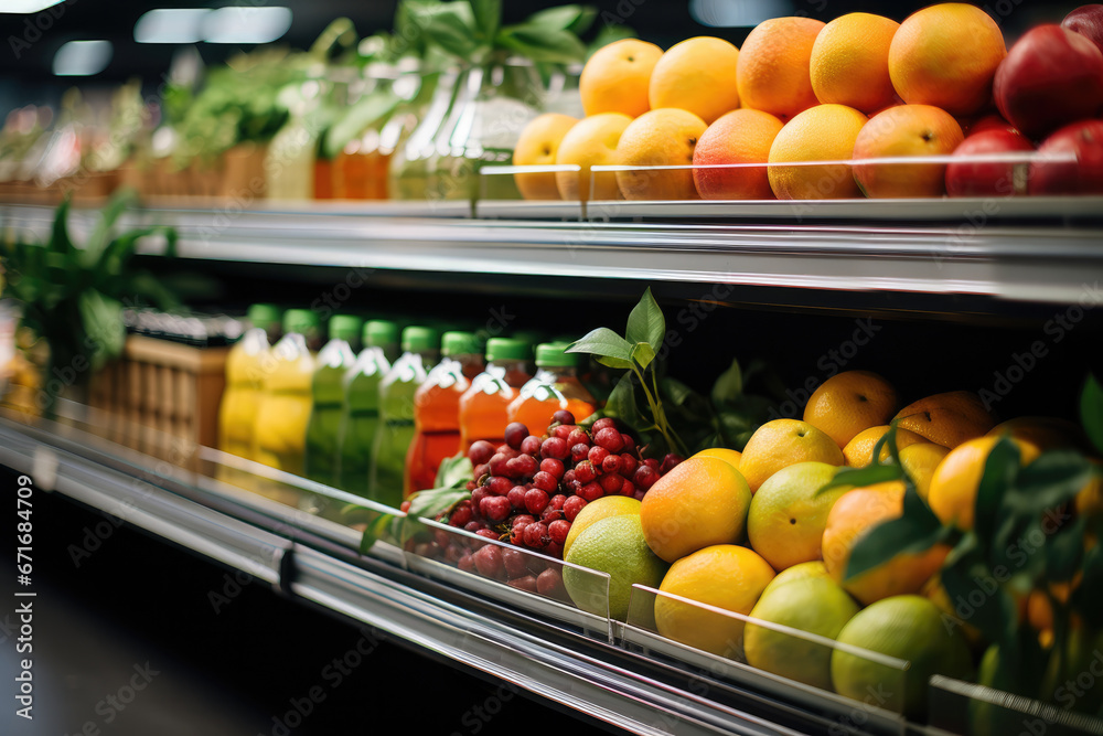 Shelves with fresh fruits in supermarket