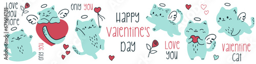 Vector set in doodle style. Cute kittens cupids. Inscriptions on the theme of valentine's day. Hearts, flowers and cats on white background . Vector illustration
