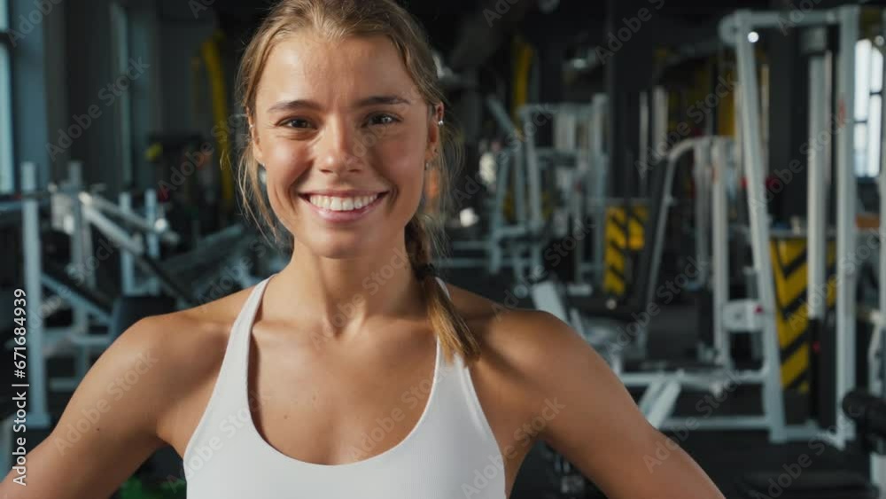 Smiling sportswoman with perfect body poses for photo for social networks Smiling sportswoman with perfect body poses for photo for social networks