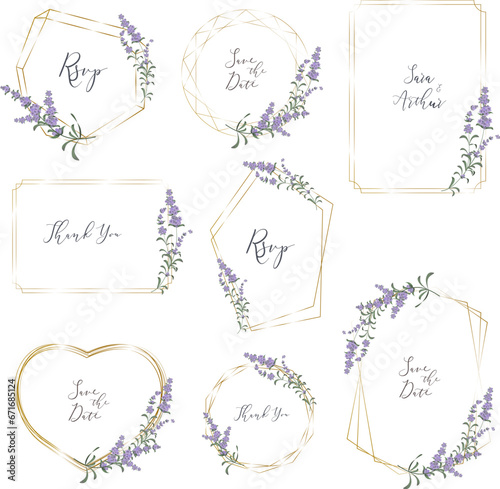 Floral Collection. A set of frames for wedding design. Lavender, gold frames. . Vector illustration