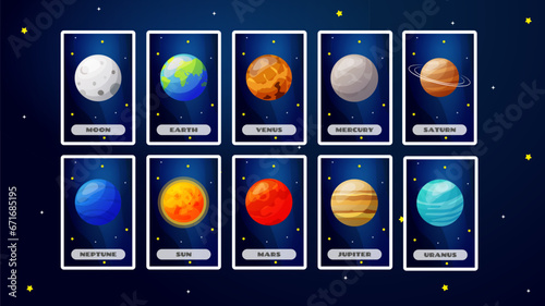 Cosmos flashcards with planet names for kids education. Solar system vector illustrations. .