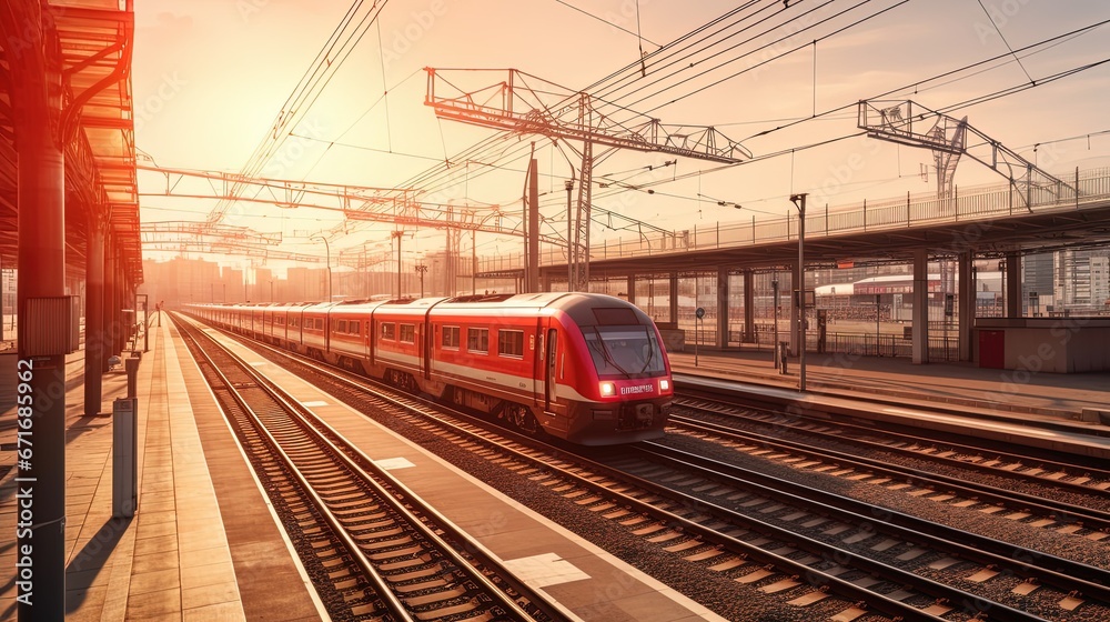 railway station with modern high speed red commuter train - obrazy, fototapety, plakaty 