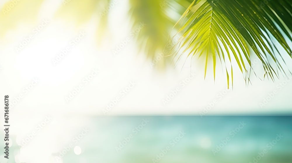 Blur beautiful nature green palm leaf on tropical beach with bokeh sun light wave abstract background. - obrazy, fototapety, plakaty 