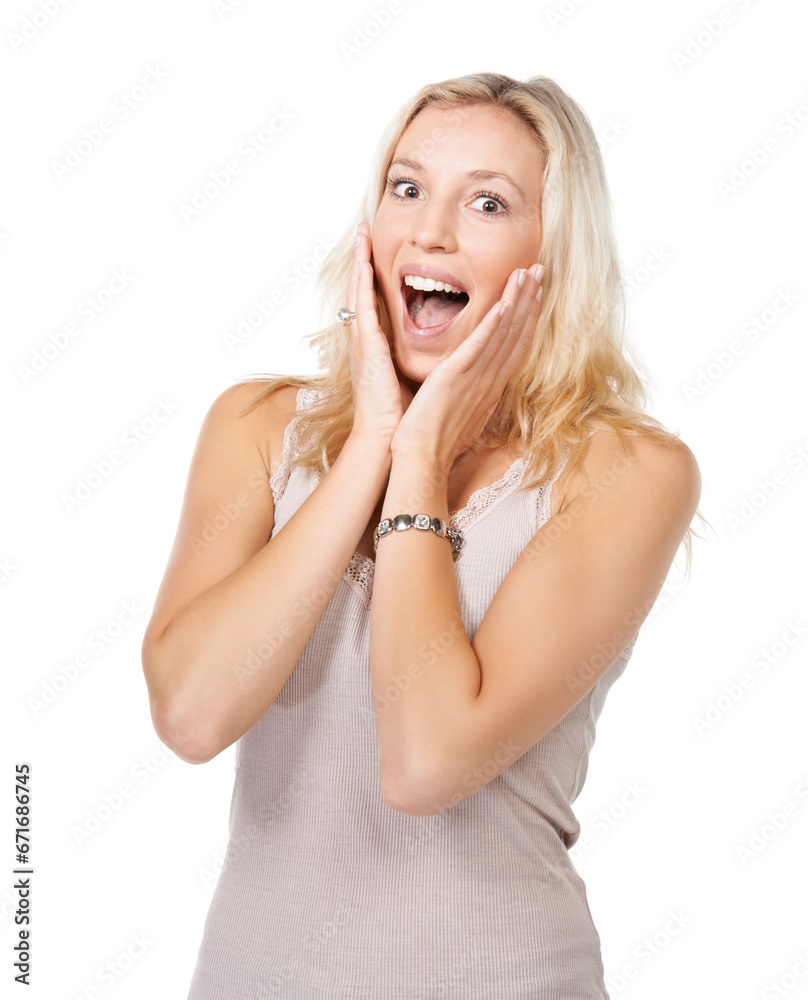 Young, woman and surprise for portrait in studio for fashion mock up on white background in Russia. Female model, news and excitement on face for elegant, cool or stylish clothes with announcement Young, woman and surprise for portrait in studio for fashion mock up on white background in Russia. Female model, news and excitement on face for elegant, cool or stylish clothes with announcement