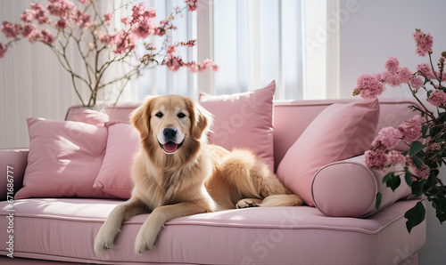 dog relaxing on a white pink pastel sofa