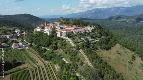 drone view of an ancient European village on a hill photo