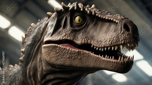 portrait of a dinosaur _ The closeup view of an opened-mouth dinosaur was a noble creature that walked in the epic world  