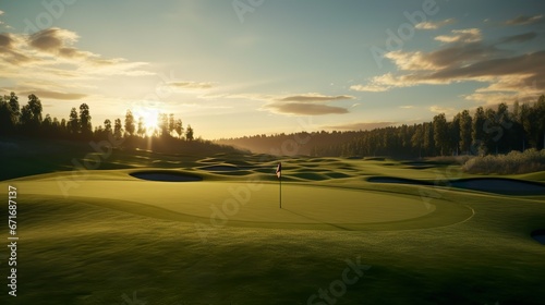 Golf course at sunset made with Ai generative technology, Property is fictional