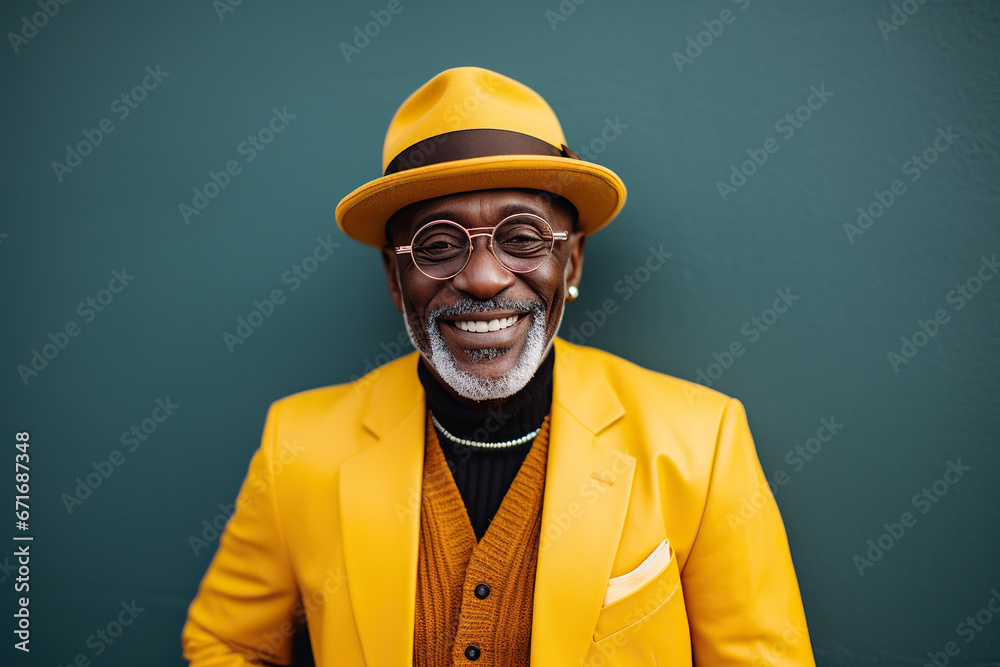 60 year old fashionable hipster African American man portrait on green background 60 year old fashionable hipster African American man portrait on green background