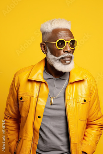 60 year old fashionable hipster African American man portrait on yellow background