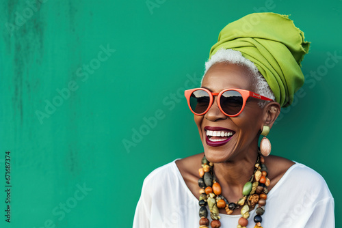 60 year old fashionable hipster African American woman portrait on green background