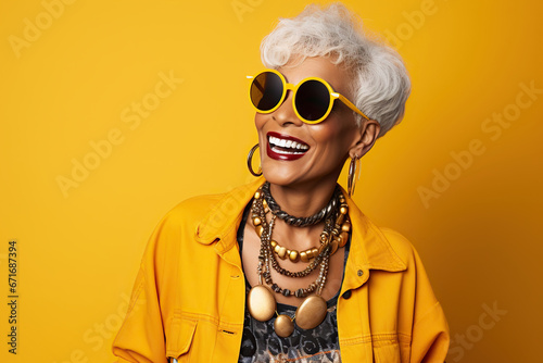 60 year old fashionable hipster African American woman portrait on yellow background