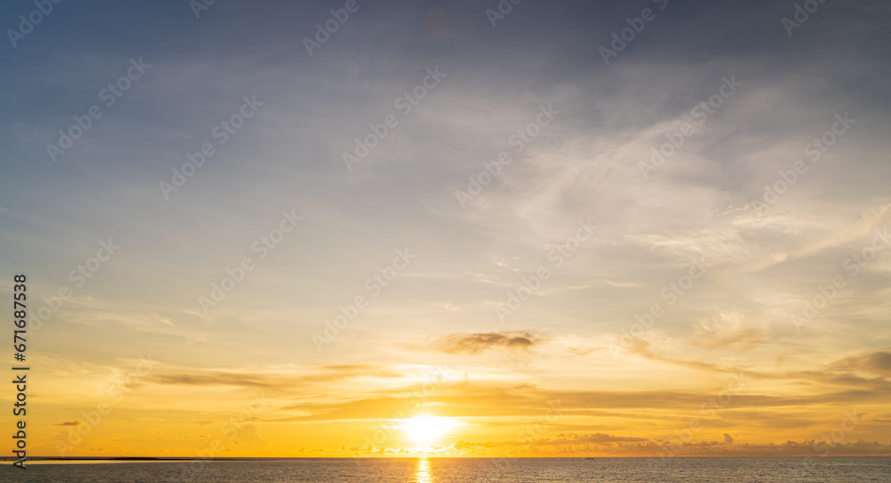 Abstract amazing Scene of stuning Colorful sunset or sunrise with clouds background in nature and travel concept, wide angle shot Panorama shot,Copy space.