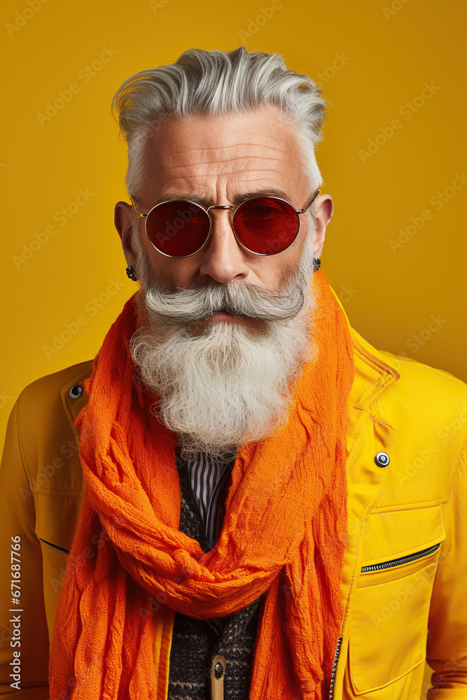 60 year old fashionable hipster man portrait on bright yellow background