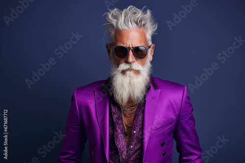 60 year old fashionable hipster man portrait on bright purple background photo