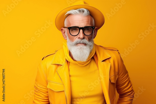 60 year old fashionable hipster man portrait on bright yellow background photo