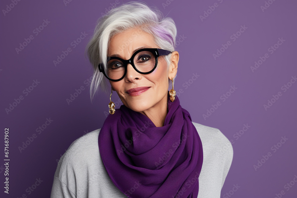 60 year old fashionable hipster woman portrait on purple background