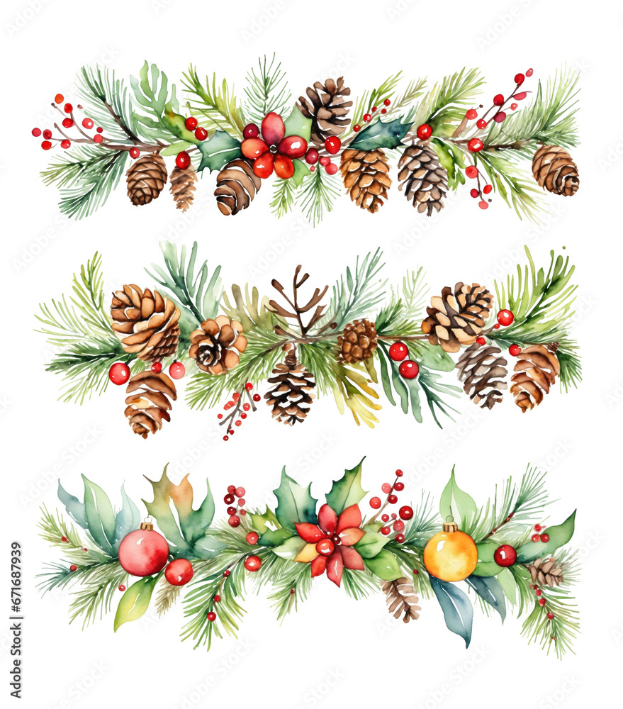 Fototapeta premium Horizontal Christmas watercolor wreaths isolated, transparent PNG