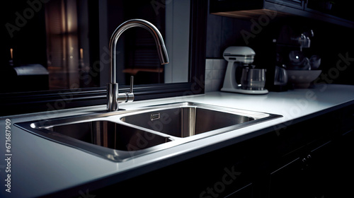 Sleek Kitchen Sink Elegance. A polished, modern kitchen featuring a sleek stainless steel sink and faucet, set against dark cabinetry and reflective surfaces, embodying contemporary elegance