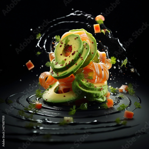 Swirl with avocado small cubes and salmon pieces, 3/ 4 view, spotlight, dark background, food shot photo