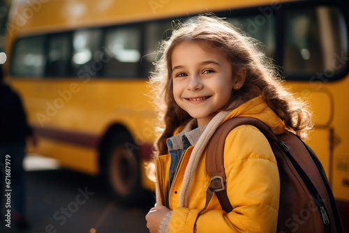 A child girl with his backpack in front of school bus