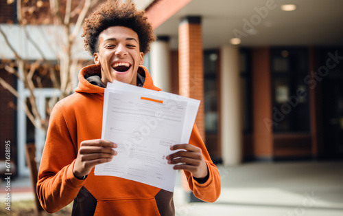A teenager receiving an acceptance letter from a college. photo