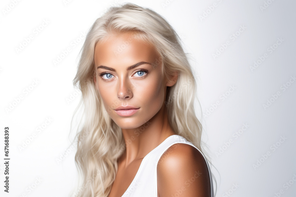 Attractive beautiful gorgeous Scandinavian skinny tanned model on white background. Attractive beautiful gorgeous Scandinavian skinny tanned model on white background.