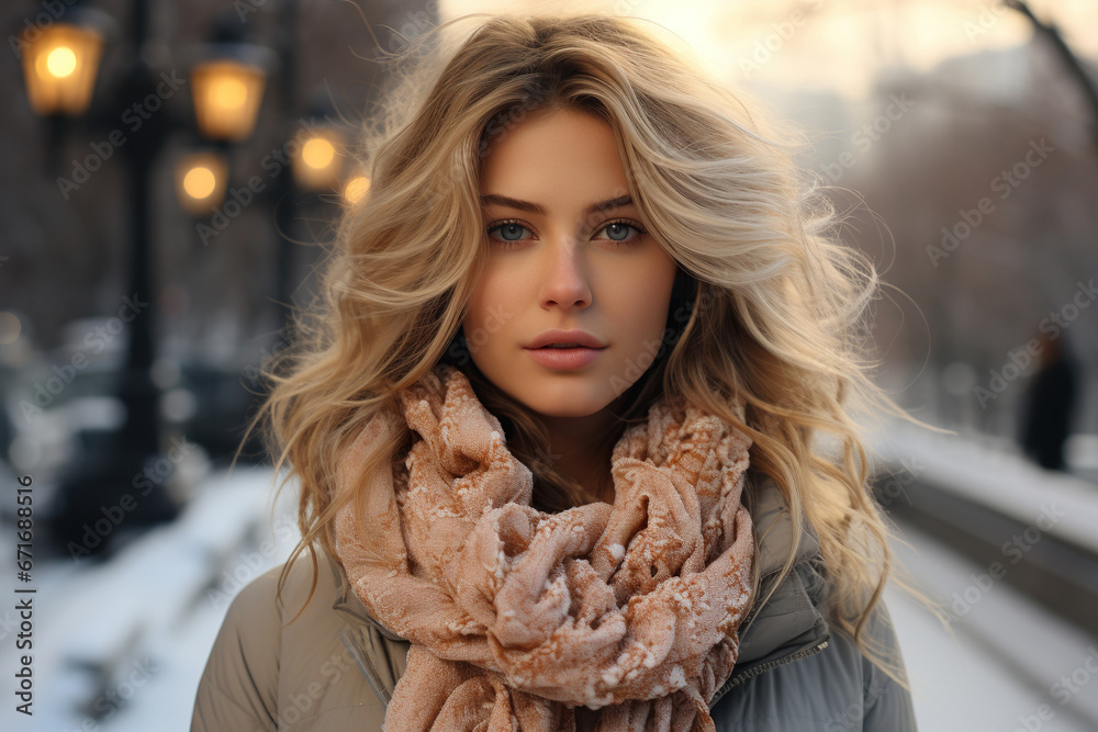 Beautiful young woman in a winter coat and scarf on the background of the city Beautiful young woman in a winter coat and scarf on the background of the city