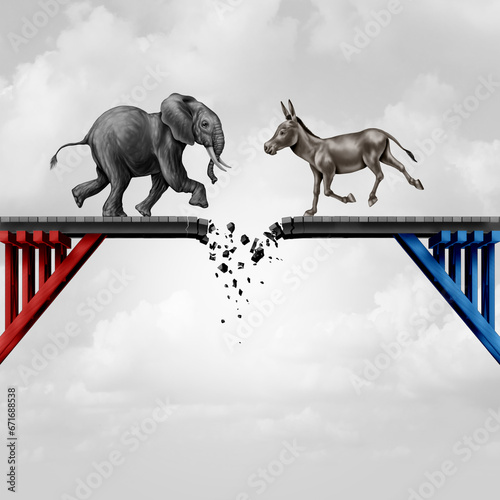Collapse of Bipartisanship in America as an elephant and a donkey in a breakdown of cooperation and political ideology clash with a broken bridge of compromise and trust photo
