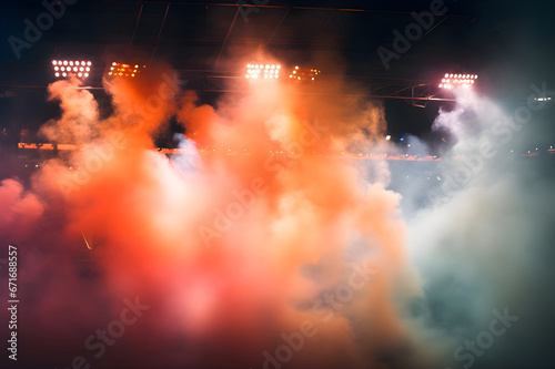 Bright stadium arena lights and smoke