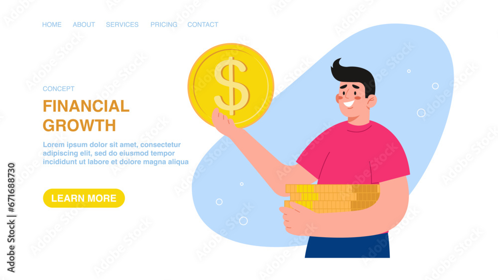 Vector illustration for website, web page, banner with man holding coins. Investing funds in investments and stocks, increasing savings, financial growth, wealth management, income and salary growth. Vector illustration for website, web page, banner with man holding coins. Investing funds in investments and stocks, increasing savings, financial growth, wealth management, income and salary growth.