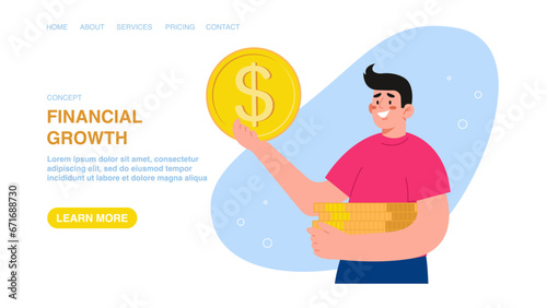 Vector illustration for website, web page, banner with man holding coins. Investing funds in investments and stocks, increasing savings, financial growth, wealth management, income and salary growth.