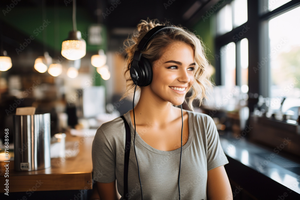 Portrait of a smiling young woman listening to music with headphones while standing in cafe