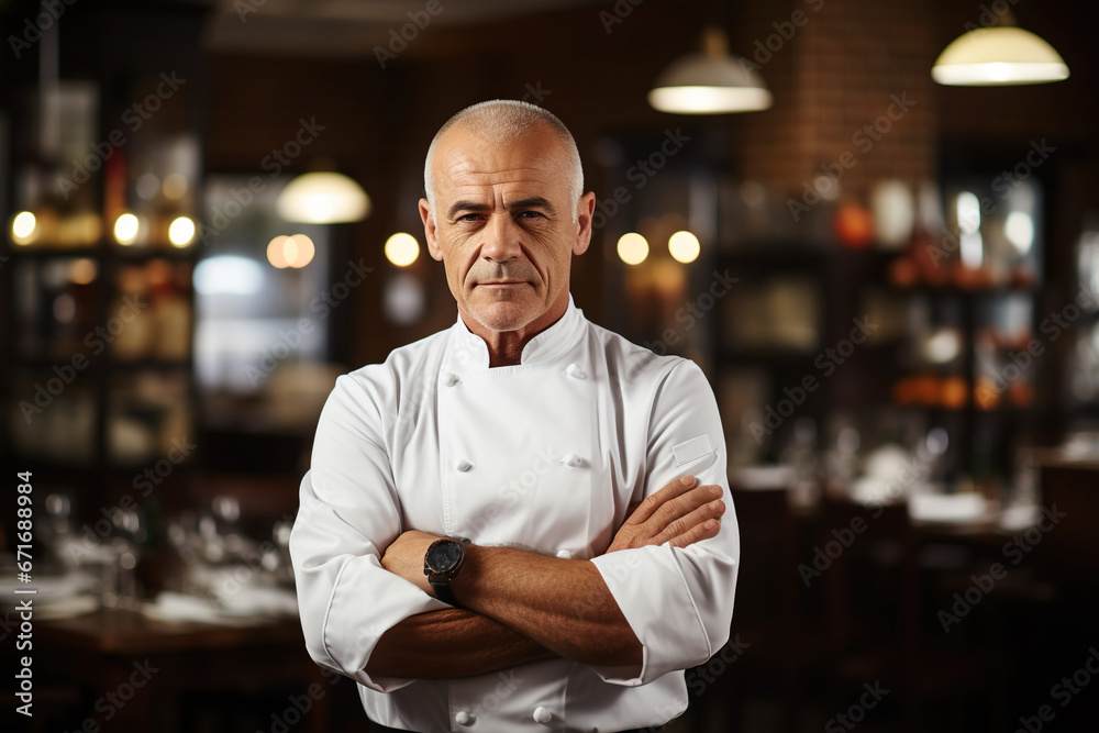 Portrait of confident mature male chef standing with arms crossed in restaurant