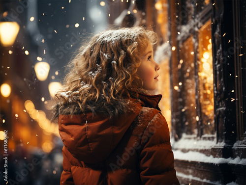 A joyful girl examines with interest a shop window decorated with illumination on Christmas Eve.  © Margo_Alexa
