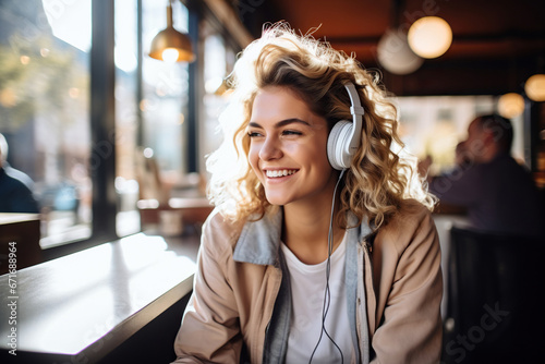Portrait of a smiling young woman listening to music with headphones while standing in cafe