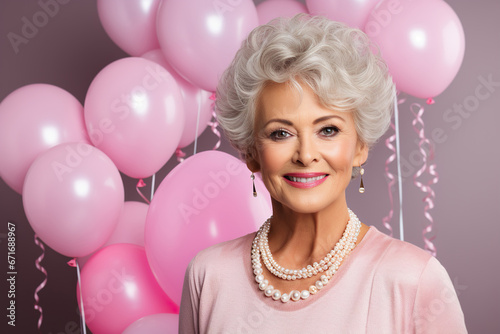 Portrait of beautiful senior woman with birthday balloons on background © AI_images