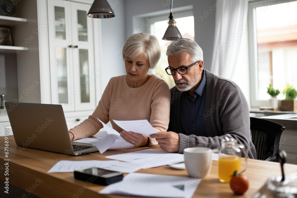 Serious mature couple checking financial documents, domestic bills, planning budget together. Serious mature couple checking financial documents, domestic bills, planning budget together.