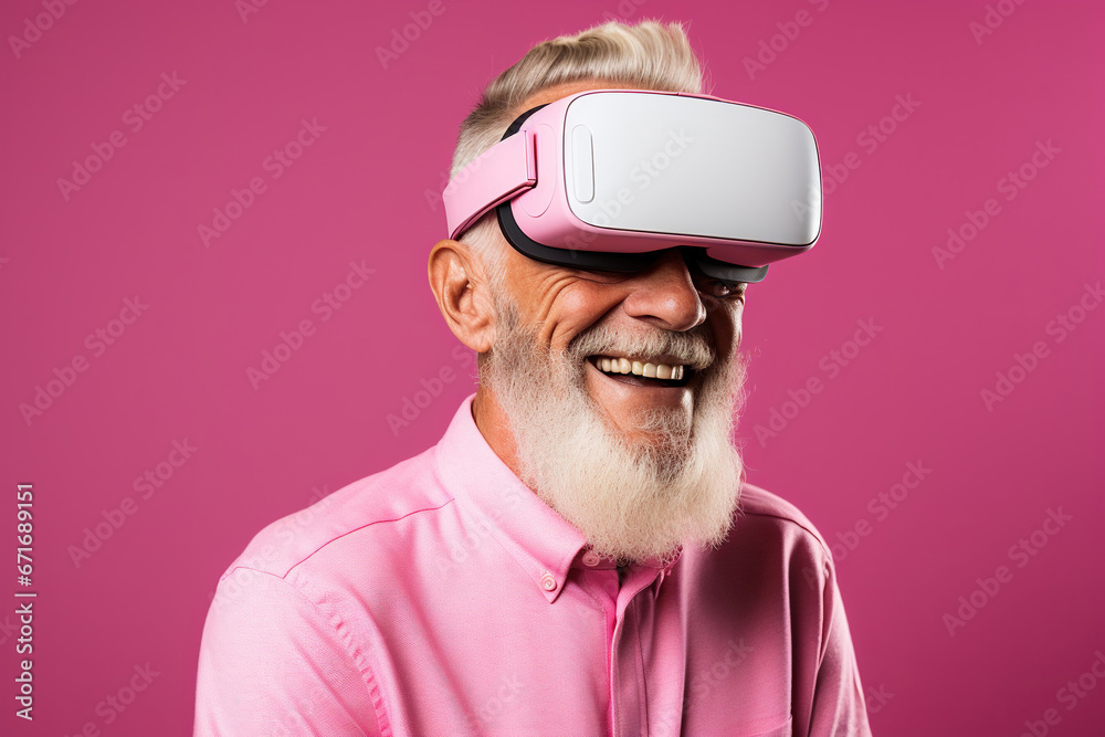 Smiling senior man in vr headset looking at camera on pink Smiling senior man in vr headset looking at camera on pink