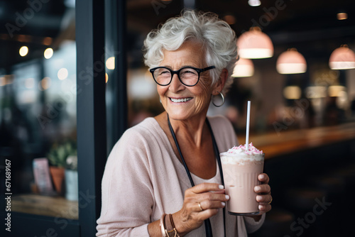 Smiling senior woman with milkshake at bar or coffee shop photo