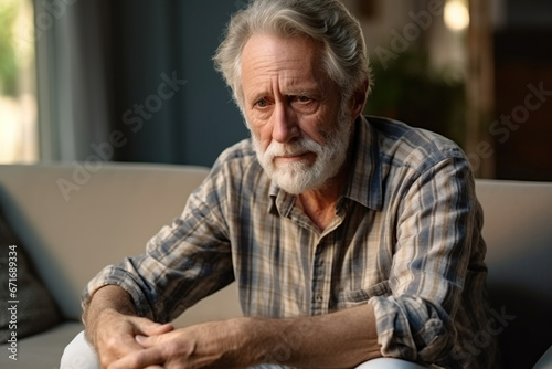 Unhappy old man sit on couch in living room crying mourning or yearning at home, lonely sad middle-aged 60s husband feel abandoned distressed suffer from loneliness or depression © AI_images