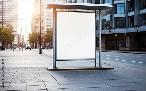 Vertical blank white billboard at bus stop on Europe city