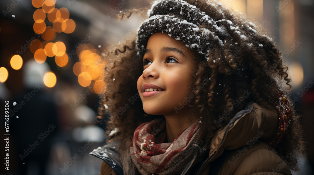 Cute curly African child at Christmas market looking up at Christmas tree or display case. Cute curly African child at Christmas market looking up at Christmas tree or display case.